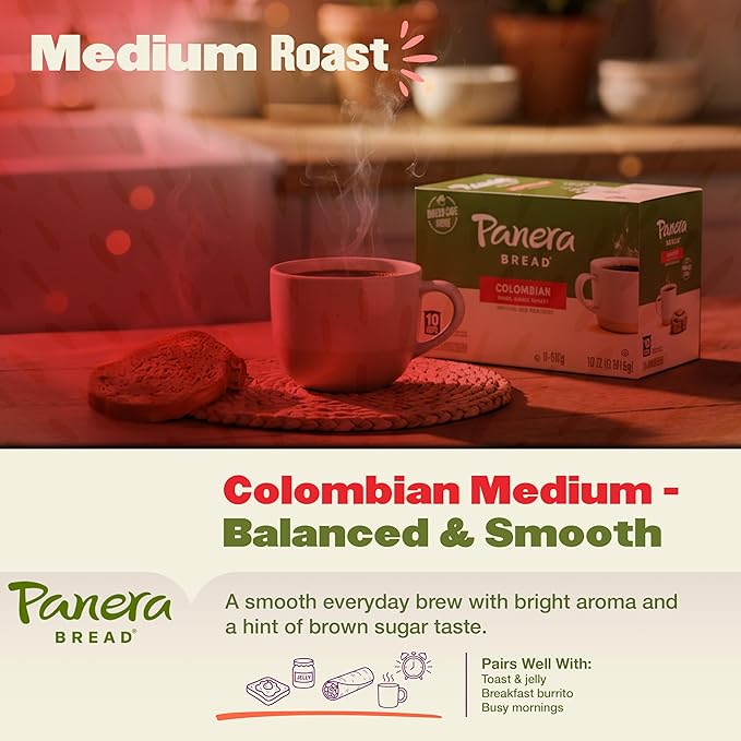 Panera Bread Colombian Coffee Cups, 100% Arabica Medium Roast, Smooth & Balanced with Brown Sugar Notes, No Artificial Ingredients, 60 Single Serve Pods (6 Packs of 10)