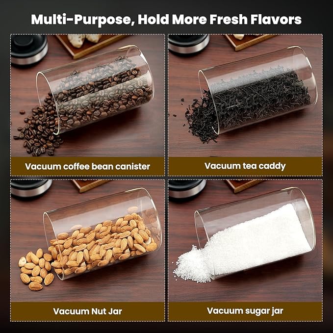 Maestri House Vacuum Coffee Canister with Spoon, 40 OZ AirTight Glass Coffee Bean Storage Container, Food Storage Jar, for 1 lb Beans, Grounds Coffee, Tea, Flour, Cereal, Sugar (Silver)