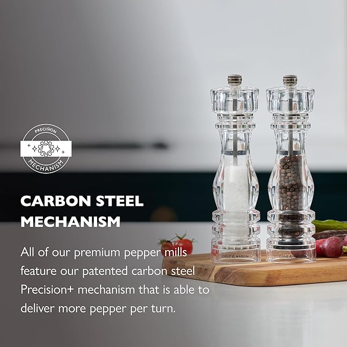 Cole & Mason London Refillable Spice Mill - Kitchen & Home Accessory - Table Black Pepper Grinder - Pepper Mill with Carbon Steel Mechanism - 8", Acrylic