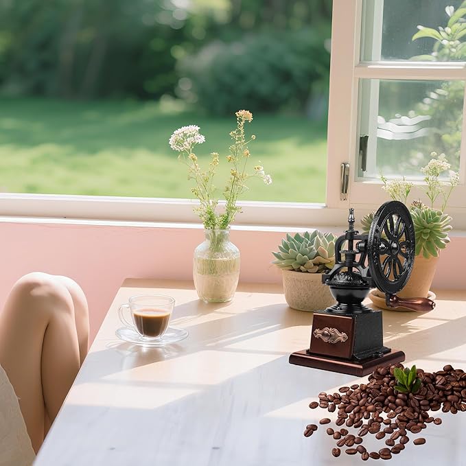 Vintage Manual Coffee Grinder with Cast Iron Wheel, Wood Handle, Carbon Steel Grinding Core, Black and Brown, 10.63x5.71 Inch