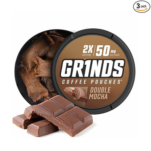 Grinds Coffee Pouches | Free, Nicotine Free clean energy option | 3 Cans of Double Mocha | 18 Pouches Per Can | 1 Pouch eq. 1/4 Cup of Coffee (Double Mocha)