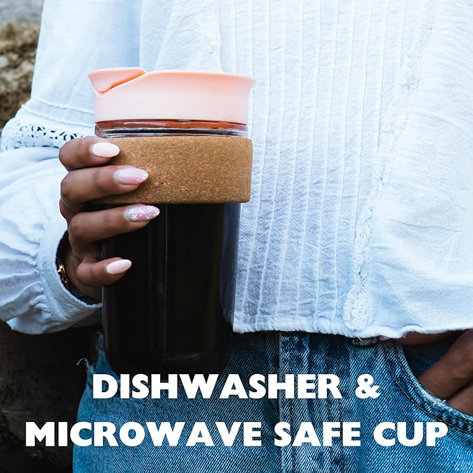 Large Travel Mug - Reusable Insulated Coffee Mug - 18oz/530ml BPA-Free Hot Drink Travel Mug with Lid & Cork Band (Gray and Pink)