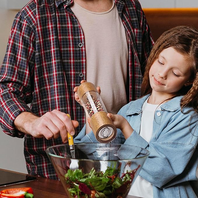 Wood Salt and Pepper Grinder, Salt Grinder and Pepper Mill, Oak Wood Shakers with Adjustable Ceramic Grinders - 8 inches, 1 Pack