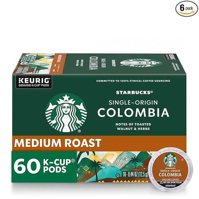 Starbucks K-Cup Coffee Pods, Medium Roast Coffee, Colombia, 100% Arabica, 6 boxes (60 pods total)