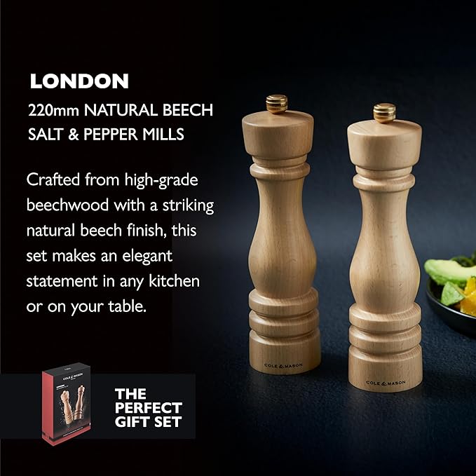 Cole & Mason London Refillable Spice Mill - Kitchen & Home Accessory - Salt & Pepper Grinder Set - Salt Mill with Ceramic Mechanism - Pepper Mill with Carbon Steel Mechanism - 8", Natural Beech