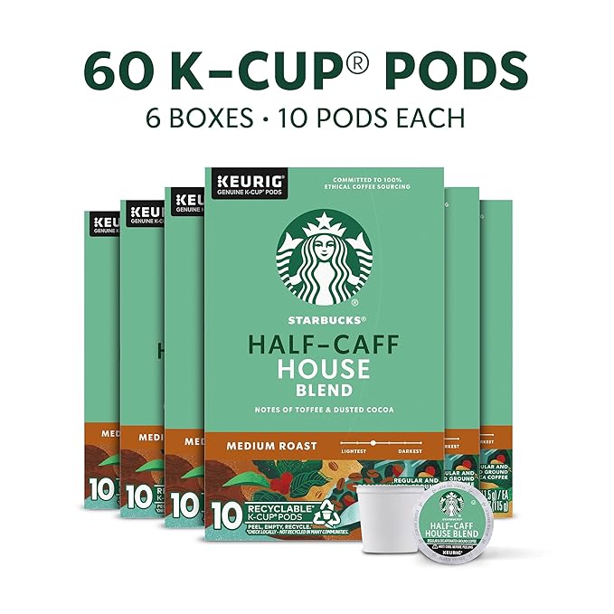 Starbucks K-Cup Coffee Pods, Medium Roast Hot or Iced Coffee, Half-Caff House Blend, 60 Keurig Pods