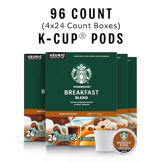 Starbucks K-Cup Coffee Pods, Medium Roast Hot or Iced Coffee, Breakfast Blend, 96 Keurig Pods