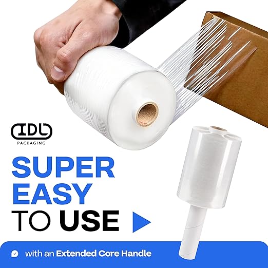 IDL Packaging 5" Stretch Wrap Mini Roll, 700 feet, 120 Gauge (Pack of 12) with an Extended Cardboard Handle – Industrial Grade Clear Plastic Wrap – Improved Protection for Packing, Moving, and Office