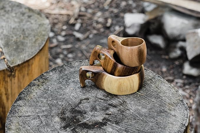 Barebones Kuksa Wooden Drinking Cup - Unique Acacia Mug with Nordic Style, Ergonomic Handle, Food-Safe Coating and Leather Cord - Versatile, Sustainable for Camping or Home (8 oz)