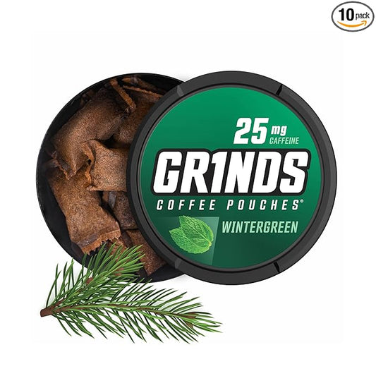 Grinds Coffee Pouches | Wintergreen Flavor | 10 Cans | Brew-Free Coffee Alternative | 18 Pouches Per Can