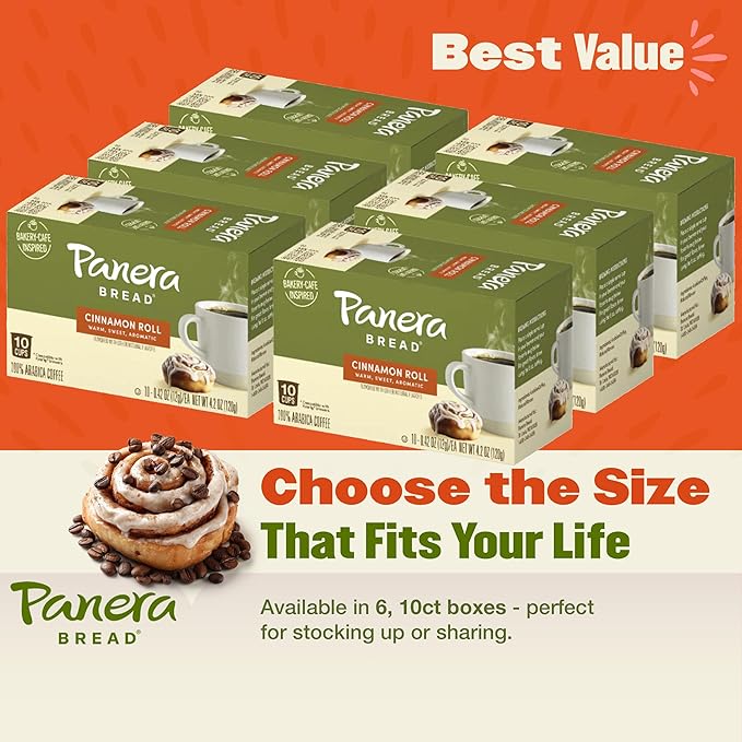 Panera Bread Cinnamon Roll Coffee Cups - Medium Roast Single Serve Pods, 100% Arabica, No Artificial Flavors, Bakery-Cafe Inspired, Keurig Compatible, 60 Single Serve Pods (6 Packs of 10)