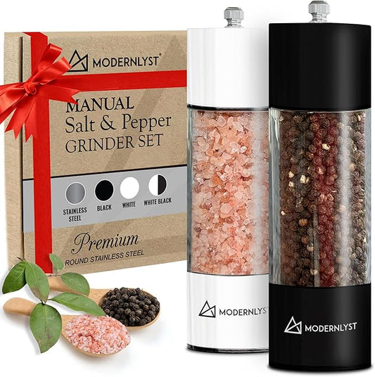 Manual Salt and Pepper Grinder Set of 2 | Large Round Salt and Pepper Shakers Set | 7.5 inch Stainless Steel Salt Grinder Refillable | Pepper Grinder Manual | Black & White