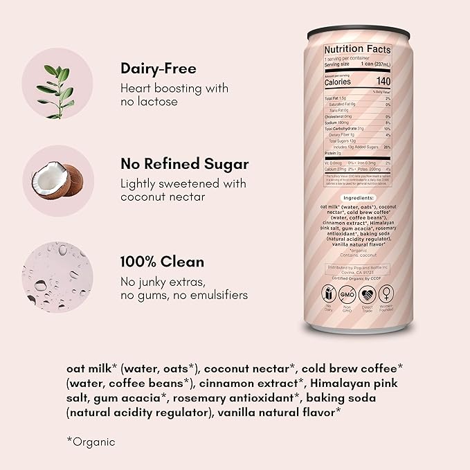 Pop & Bottle Oat Milk Lattes- Cold Brew, Cold Brew Coffee Cans, Canned Coffee, Iced Coffee, Organic, Dairy Free, Gluten Free, Lightly Sweetened with Coconut Nectar- Snickerdoodle, 8 Fl Oz (12 Pack)