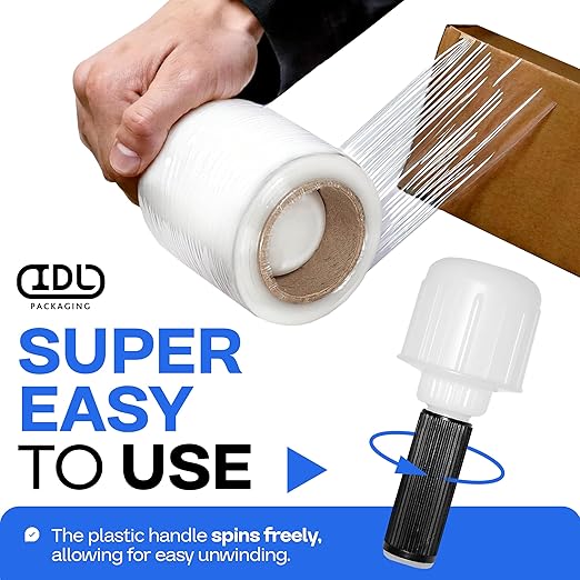 IDL Packaging 3" Stretch Wrap Mini Roll, 700 feet, 120 Gauge (Pack of 12) with a Plastic Handle Included – Industrial Grade Clear Plastic Wrap – Improved Protection for Packing, Moving, or Office