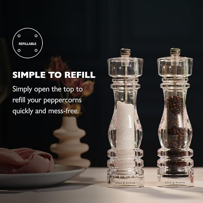 Cole & Mason London Refillable Spice Mill - Kitchen & Home Accessory - Table Black Pepper Grinder - Pepper Mill with Carbon Steel Mechanism - 8", Acrylic