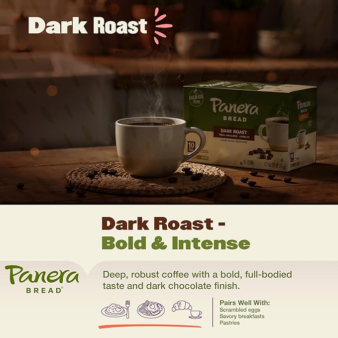 Panera Bread Dark Roast Coffee Pods, 100% Arabica Compatible, Bold & Smooth Dark Chocolate Finish, Kosher Certified, Recyclable Single Serve Cups, 96 Single Serve Pods (4 Packs of 24)