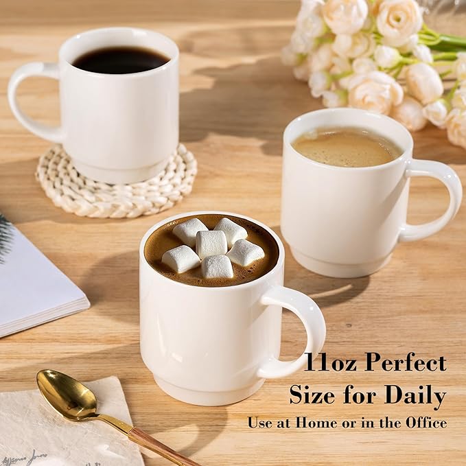 GBHOME 11OZ Stackable Coffee Mugs, Ceramic Coffee Mugs Set of 6 for Man,Woman,Dad,Mom, Porcelain Coffee Mugs for Latte/Cappuccino/Cocoa. Dishwasher&Microwave Safe, Off White