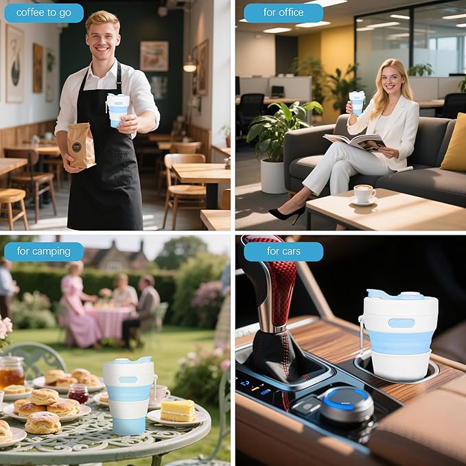 Silicone Collapsible Travel Mug Blue 15oz / 450ml - Leak-Proof Reusable Silicone Water Bottle for Hot and Cold Beverages - Travel Office and Home - Dishwasher Safe - Straw Included