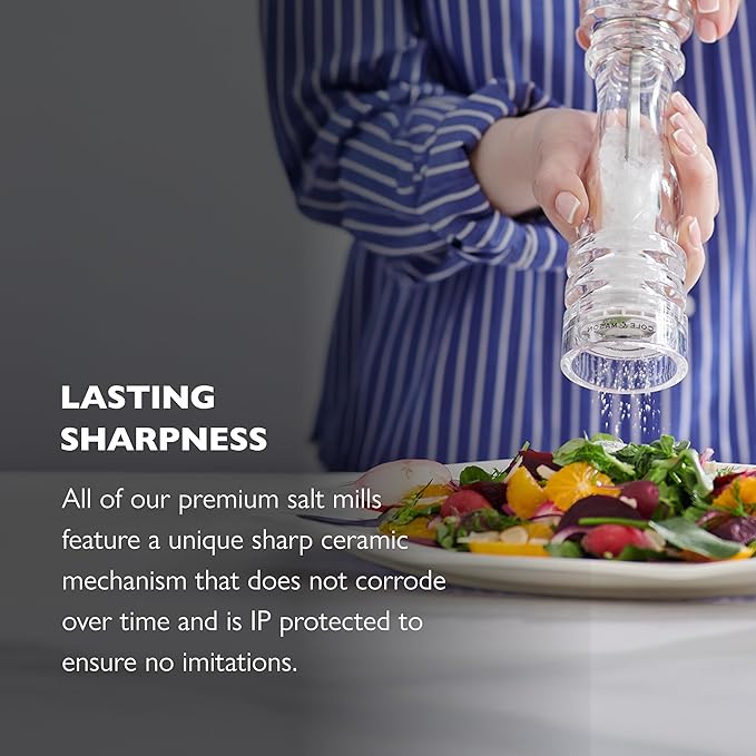 Cole & Mason London Refillable Spice Mill - Kitchen & Home Accessory - Salt & Pepper Grinder Set - Salt Mill with Ceramic Mechanism - Pepper Mill with Carbon Steel Mechanism - 8", Acrylic