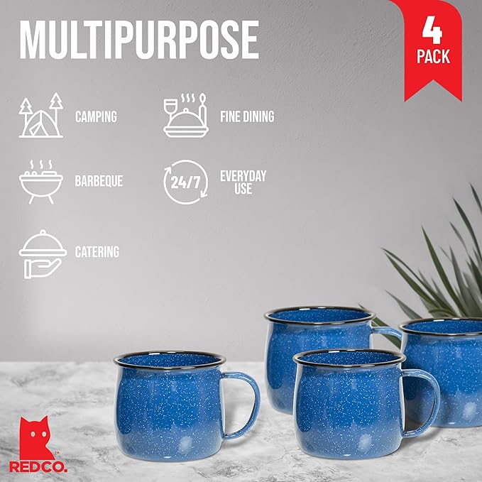Red Co. Set of 4 Enamelware Metal 12 Oz Round Camping Coffee Mugs with Handle, White-Speckled Blue/Black Rim