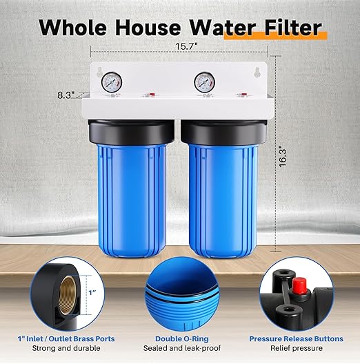 PUREPLUS 2-Stage Whole House Water Filtration System, 10" x 4.5" Universal Housing, NSF/ANSI 42 Certified Sediment & Carbon Block Filters, 1" Inlet/Outlet, Includes External Pressure Gauges