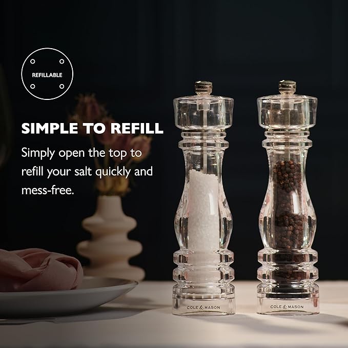 Cole & Mason London Refillable Spice Mill - Kitchen & Home Accessory - Salt & Pepper Grinder Set - Salt Mill with Ceramic Mechanism - Pepper Mill with Carbon Steel Mechanism - 8", Acrylic