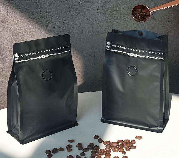 Black Coffee Bags with Valve (Pack of 100, 12oz/0.75lb Size) - High Barrier Aluminum Foil - Flat Bottom Coffee Pouches with Rsealable Zipper & Easy Open Tape