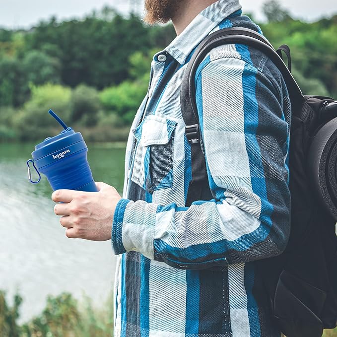 HANARA Collapsible Cup with Reusable Straw – 18 Oz (550 Ml), Portable Travel Mug, BPA-Free, Leak-Proof, Microwave & Dishwasher Safe, Multi-Purpose for Hot & Cold Drinks – Navy Blue