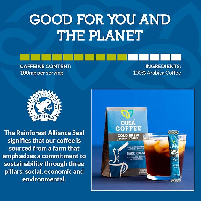 Cusa Tea & Coffee | Premium Instant Dark Roast | Rainforest Alliance Certified Arabica Beans | Hot or Cold Brew Drink Mix Packets (30 Single Servings)