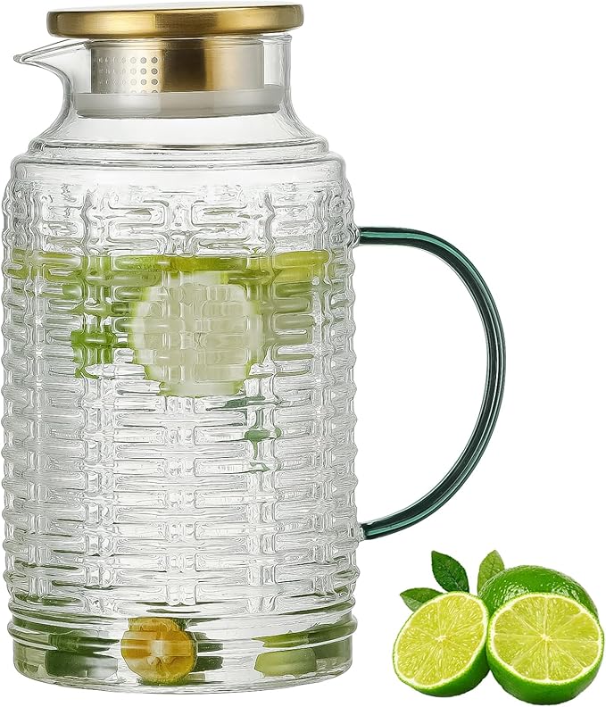 Glass Pitcher with Lid, 68 oz/2 Liter Vintage Water Pitcher, Clear Borosilicate Glass Water Carafe for Cold Brew, Coffee, Lemonade, Iced Tea,Beverage, Heat Resistant Water Glass Jug