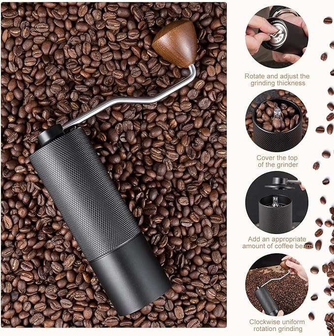 Manual Coffee Grinder Capacity 25 Grams, Stainless Steel Burrs - Wooden Handle, Burr Coffee Grinder for Home, Office, Camping, Hiking (Grey)
