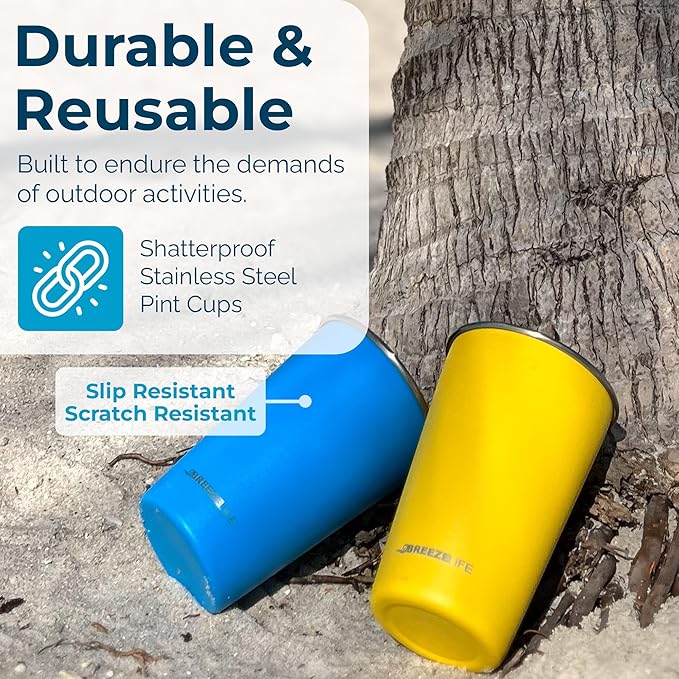 Breeze Life Stainless Steel Metal Cup Drinking Tumblers, Stackable, Shatterproof, Great for Camping, Outdoor Picnic, Festivals, BBQ Tailgating, 4-Pack, Blue, Gray, Yellow, White.