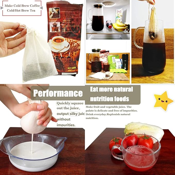 AUXIN Nut Milk Bags, 100% Cotton Cheesecloth Bags, Yogurt/Coffee/Tea Strainer, Reusable Almond/Oat Milk, Juice, Cold Brew Coffee, Food Grade, Reusable Washable Strainer (Mixed Size, 5 Pack)