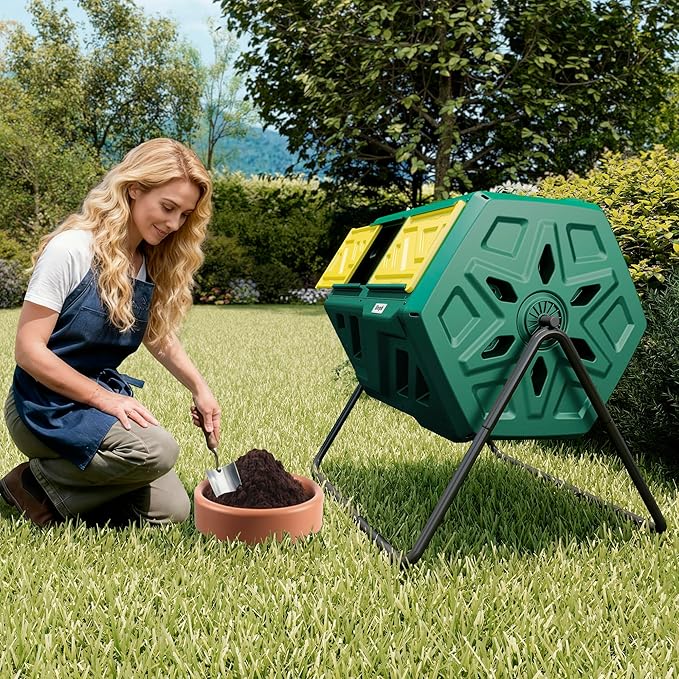 43 Gallon Compost Bin with Gloves, Fast Assembly & Easy Setup Outdoor Compost Tumbler, Updated Dual Chamber Tumbling Composter for Garden, Kitchen, and Yard Waste, Green