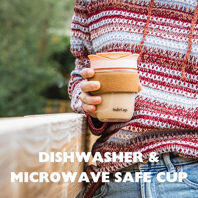 Reusable Strengthened Glass Travel Cup - Spill Proof Insulated Coffee Mug - 12oz/340ml BPA-Free Hot Drink Travel Mug with Lid & Cork Band (Red)