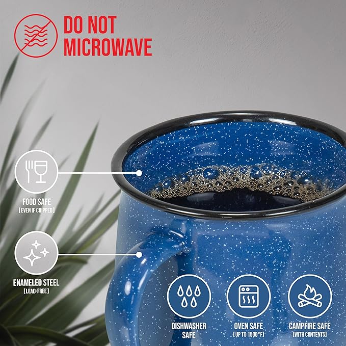 Red Co. Set of 4 Enamelware Metal 12 Oz Round Camping Coffee Mugs with Handle, White-Speckled Blue/Black Rim