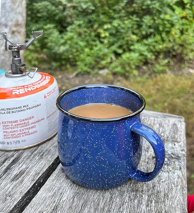 Red Co. Set of 4 Enamelware Metal 12 Oz Round Camping Coffee Mugs with Handle, White-Speckled Blue/Black Rim