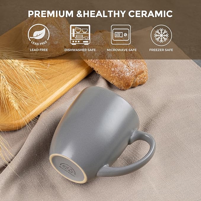 GBHOME 12oz Coffee Mugs Set of 6, Large Ceramic Coffee Mugs for Man, Woman, Dad, Mom, Modern Coffee Mugs Set with handle for Tea/Latte/Cappuccino/Milk/Cocoa. Dishwasher&Microwave Safe,Matte Grey